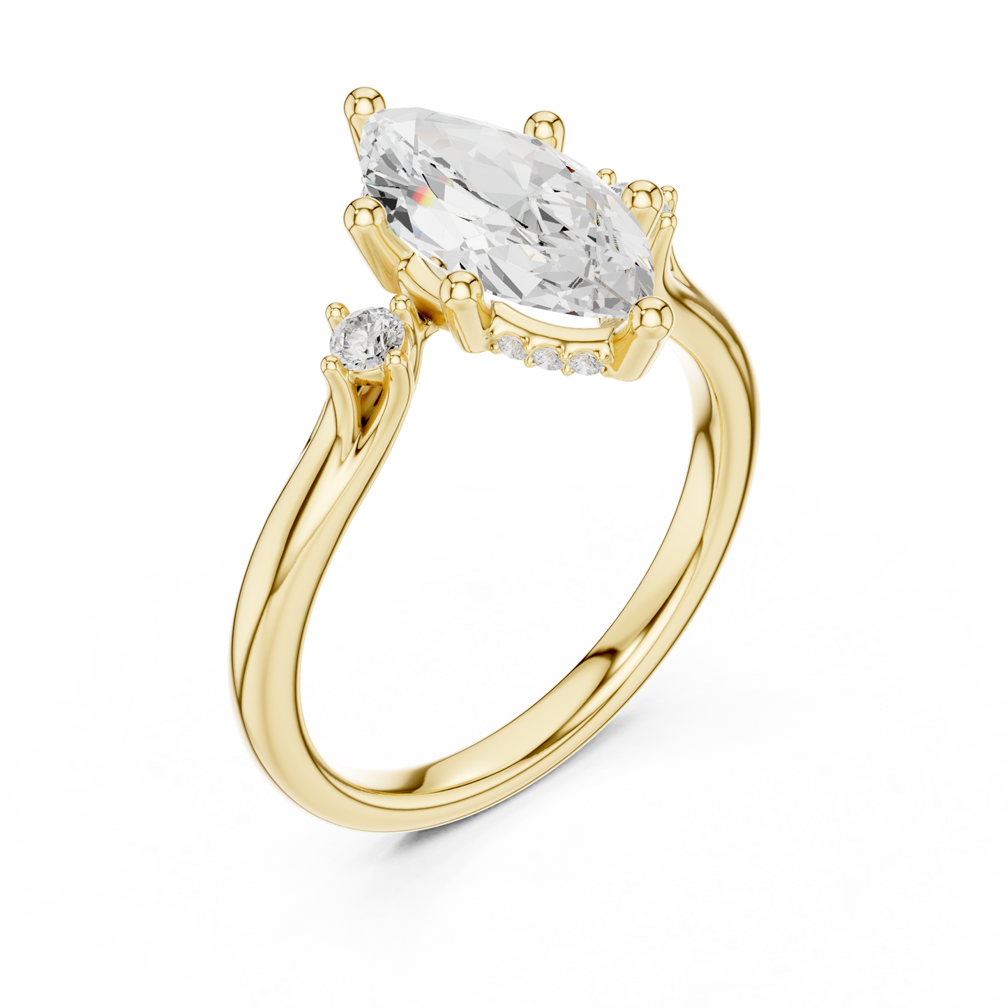 2.17ctw Marquise Cut Three-Stone Ring with Hidden Halo | Yellow Gold