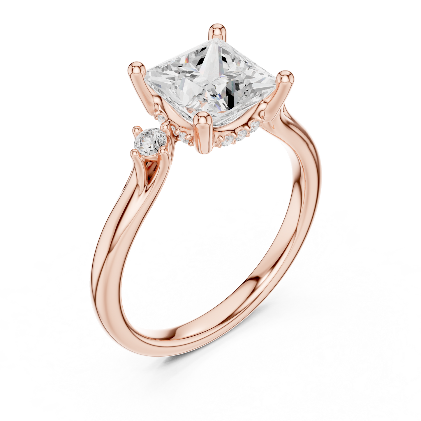 2.16ctw Princess Cut Three-Stone Ring with Hidden Halo | Yellow Gold