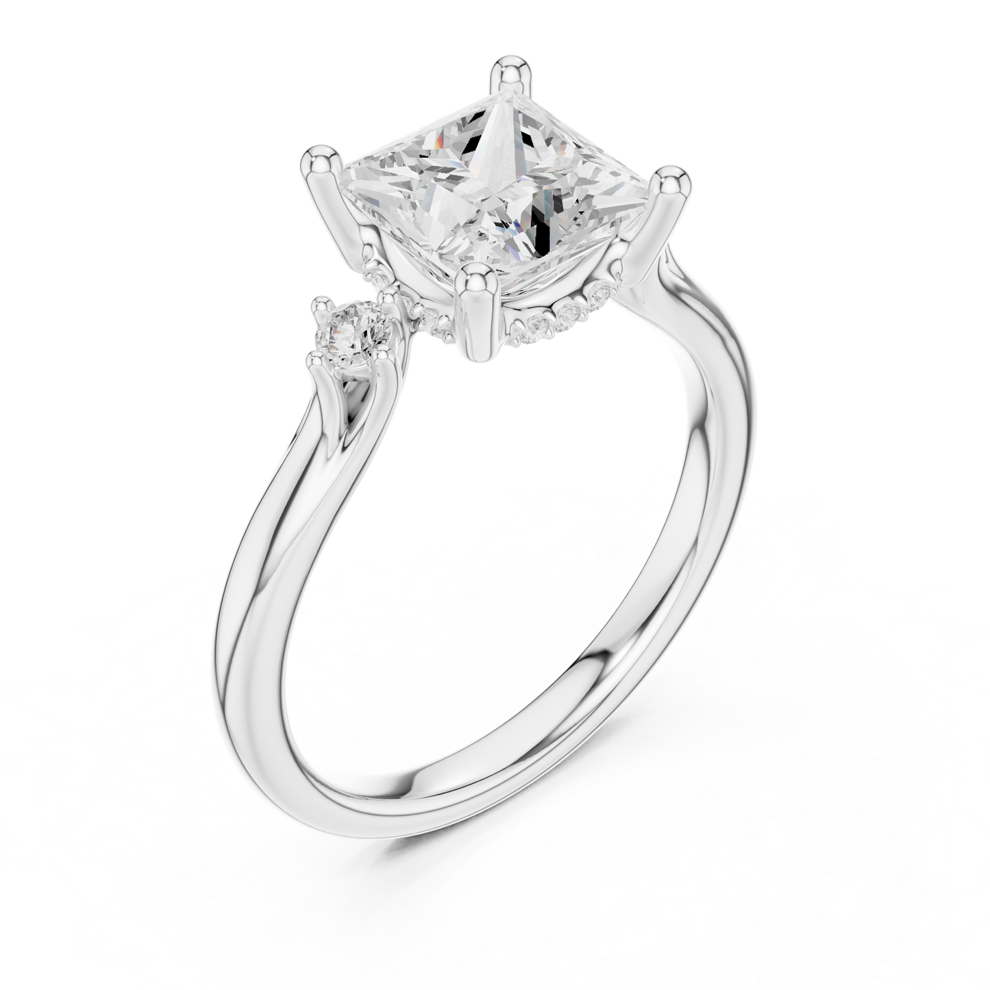 2.16ctw Princess Cut Three-Stone Ring with Hidden Halo | Yellow Gold