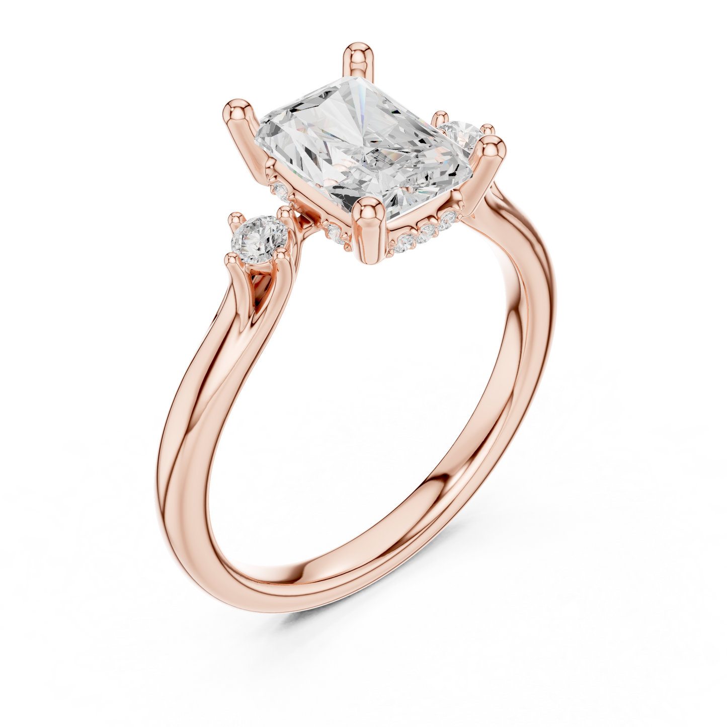 2.16ctw Radiant Cut Three-Stone Ring with Hidden Halo | Yellow Gold