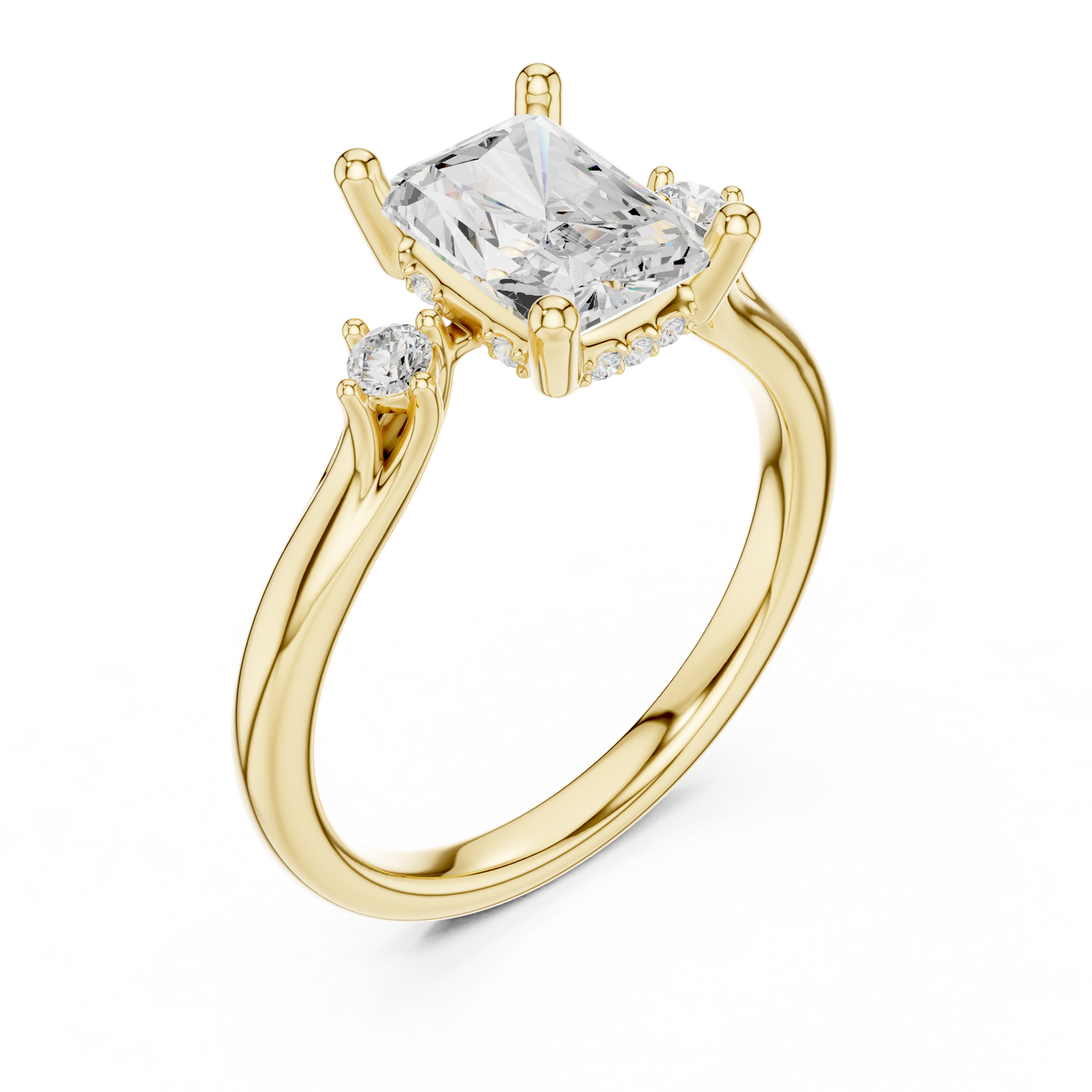 2.16ctw Radiant Cut Three-Stone Ring with Hidden Halo | Yellow Gold