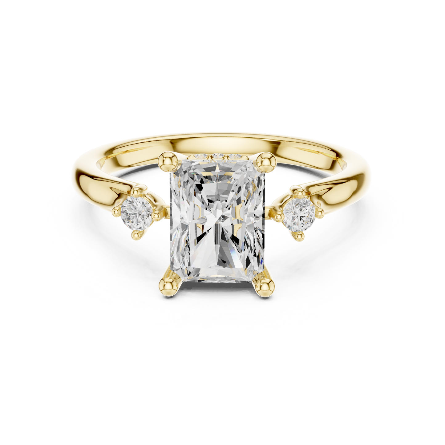 2.16ctw Radiant Cut Three-Stone Ring with Hidden Halo | Yellow Gold