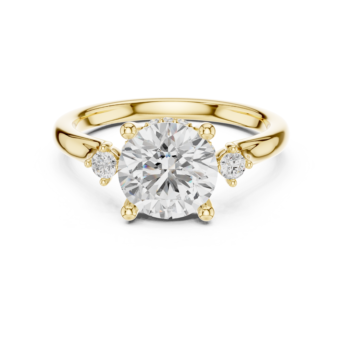 2.16ctw Round Cut Three-Stone Ring with Hidden Halo | Yellow Gold