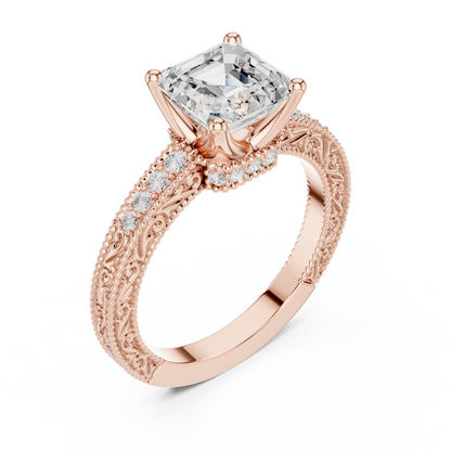 2.19ctw Vintage Asscher Cut Ring with Milgrain Filigree Hidden Halo | Yellow Gold