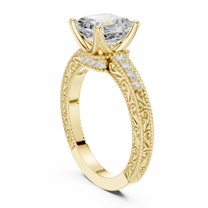 2.19ctw Vintage Asscher Cut Ring with Milgrain Filigree Hidden Halo | Yellow Gold