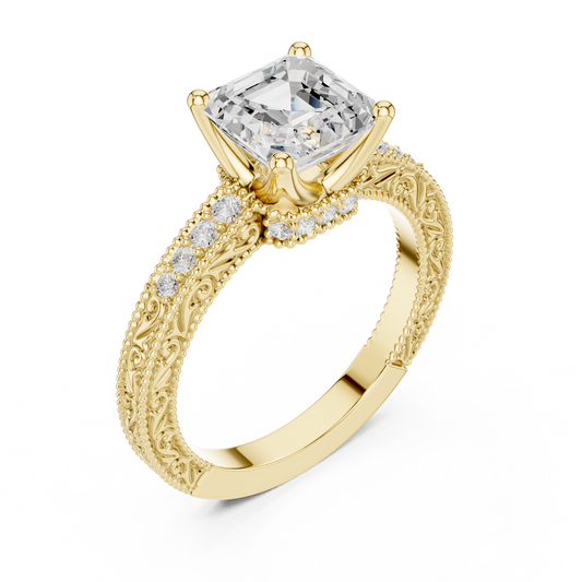 2.19ctw Vintage Asscher Cut Ring with Milgrain Filigree Hidden Halo | Yellow Gold