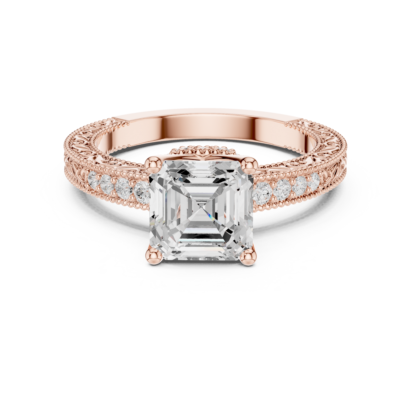 2.19ctw Vintage Asscher Cut Ring with Milgrain Filigree Hidden Halo | Yellow Gold