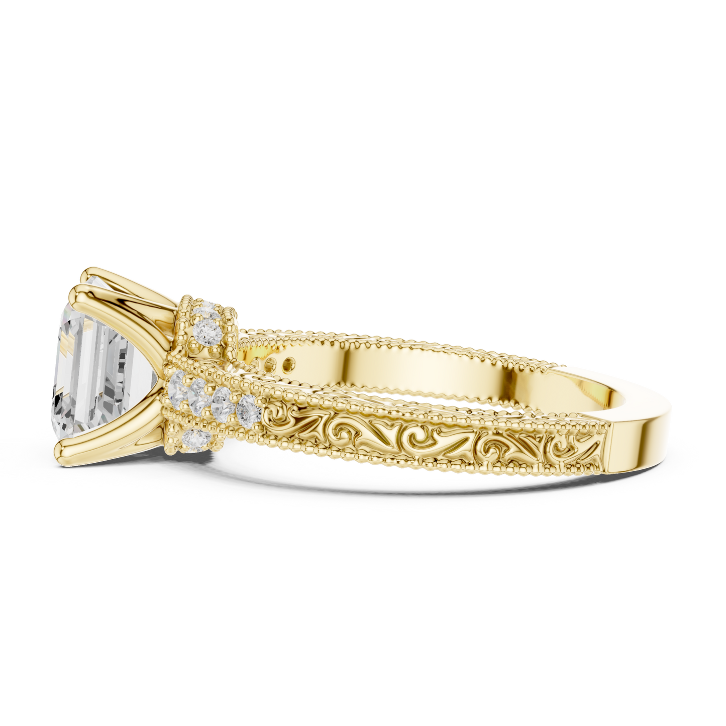 2.19ctw Vintage Asscher Cut Ring with Milgrain Filigree Hidden Halo | Yellow Gold