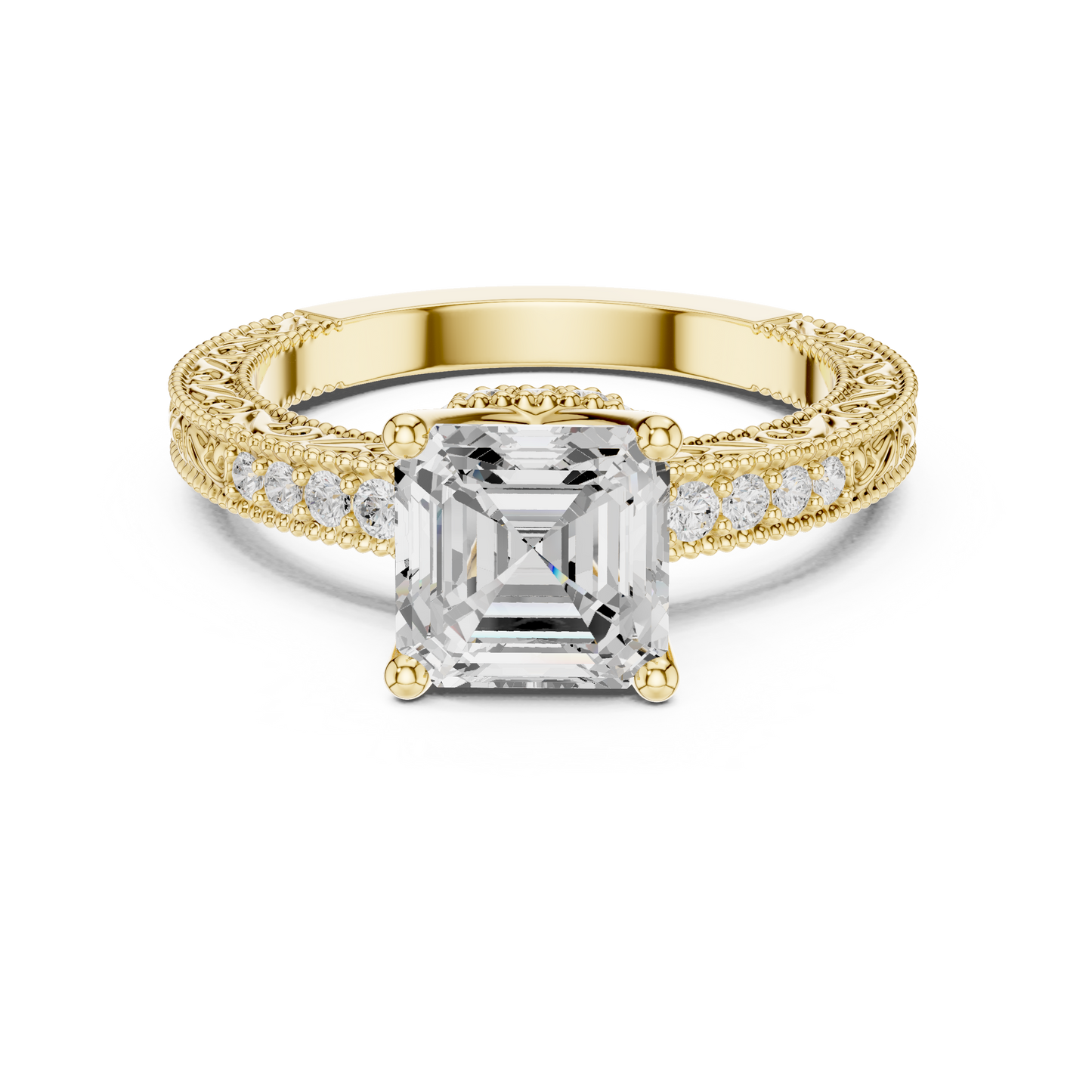 2.19ctw Vintage Asscher Cut Ring with Milgrain Filigree Hidden Halo | Yellow Gold