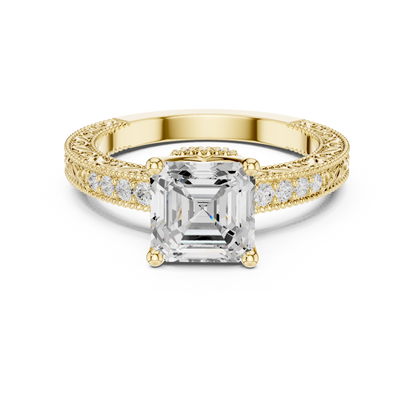2.19ctw Vintage Asscher Cut Ring with Milgrain Filigree Hidden Halo | Yellow Gold