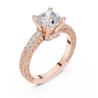 2.19ctw Vintage Cushion Cut Ring with Milgrain Filigree Hidden Halo | Yellow Gold