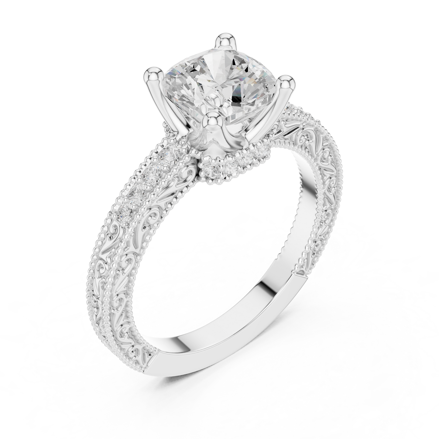 2.19ctw Vintage Cushion Cut Ring with Milgrain Filigree Hidden Halo | Yellow Gold