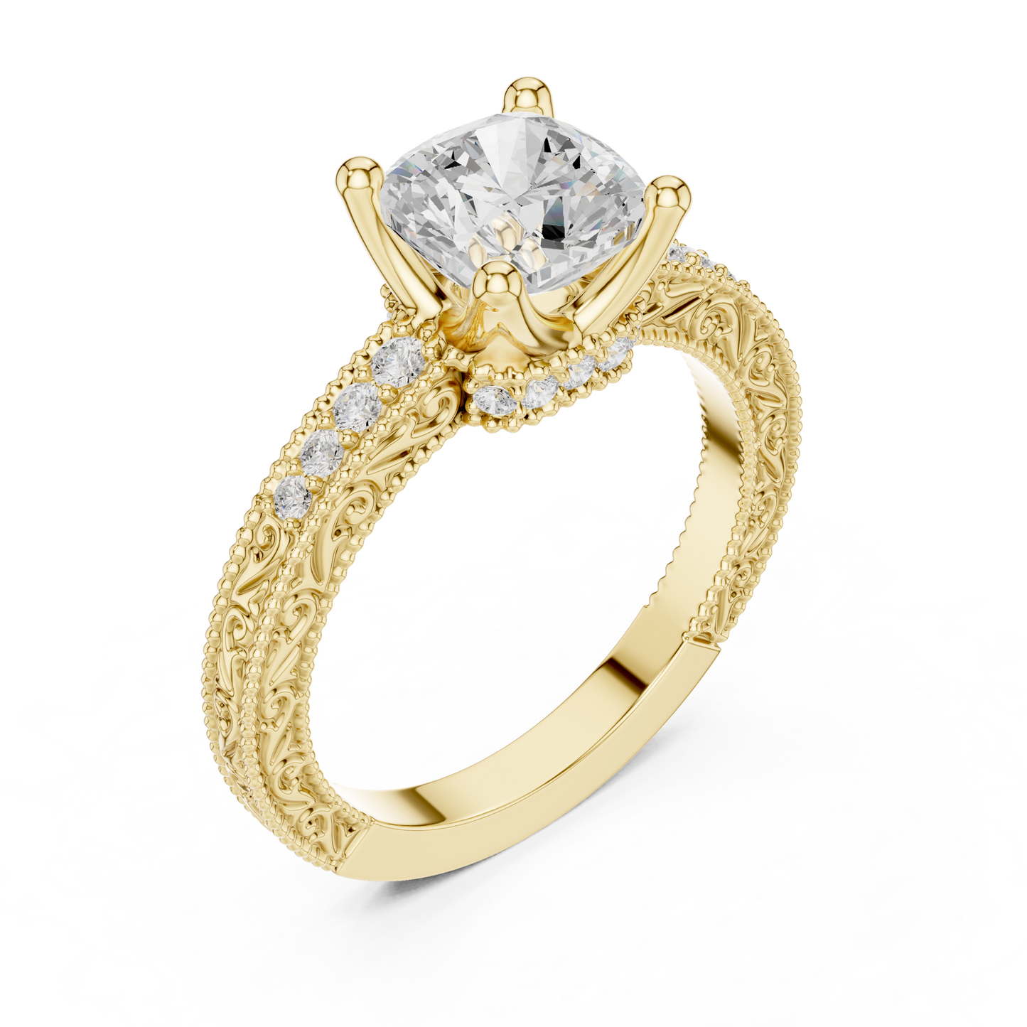 2.19ctw Vintage Cushion Cut Ring with Milgrain Filigree Hidden Halo | Yellow Gold