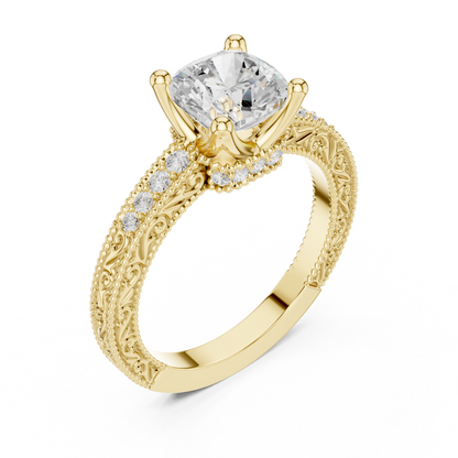 2.19ctw Vintage Cushion Cut Ring with Milgrain Filigree Hidden Halo | Yellow Gold