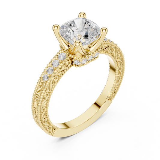 2.19ctw Vintage Cushion Cut Ring with Milgrain Filigree Hidden Halo | Yellow Gold