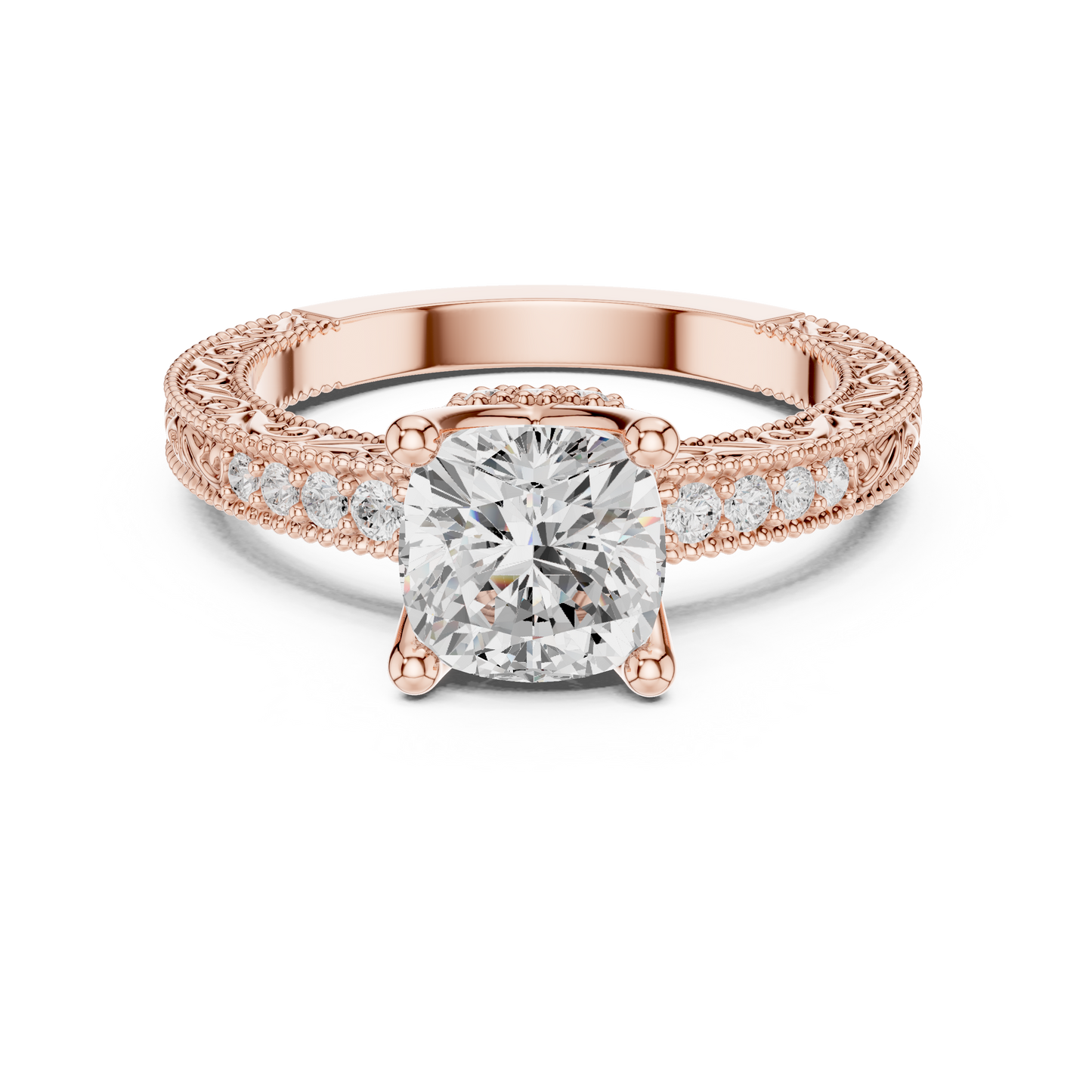 2.19ctw Vintage Cushion Cut Ring with Milgrain Filigree Hidden Halo | Yellow Gold