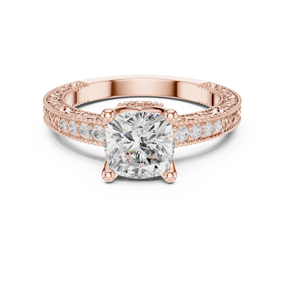 2.19ctw Vintage Cushion Cut Ring with Milgrain Filigree Hidden Halo | Yellow Gold