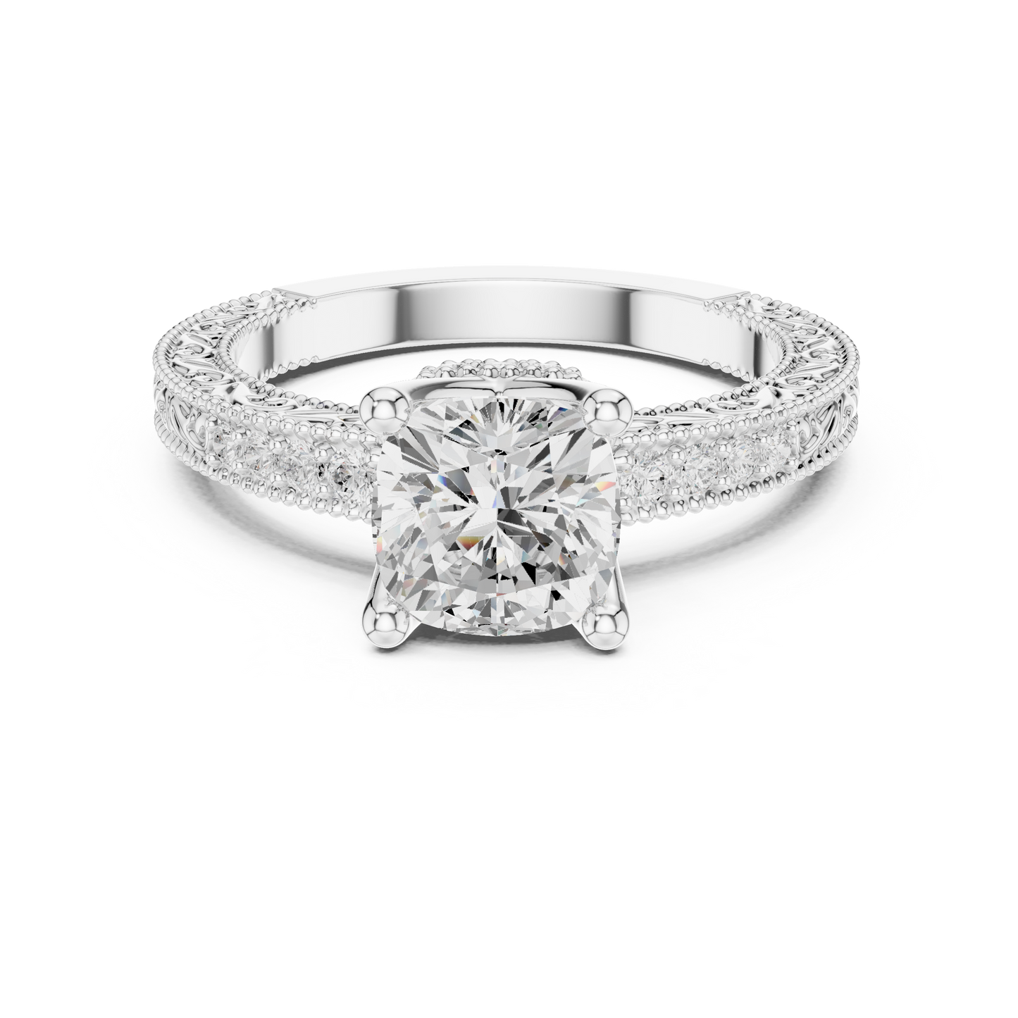 2.19ctw Vintage Cushion Cut Ring with Milgrain Filigree Hidden Halo | Yellow Gold