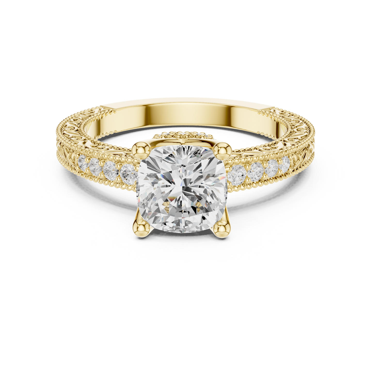 2.19ctw Vintage Cushion Cut Ring with Milgrain Filigree Hidden Halo | Yellow Gold