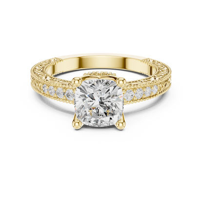 2.19ctw Vintage Cushion Cut Ring with Milgrain Filigree Hidden Halo | Yellow Gold