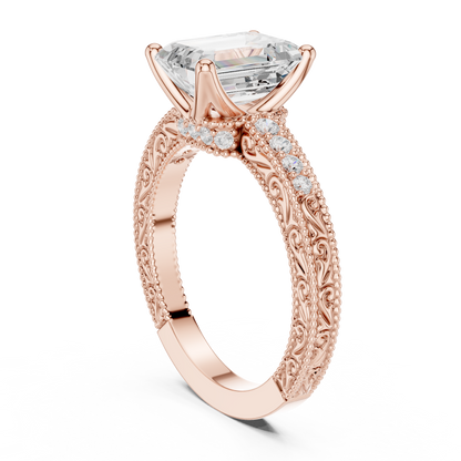 2.21ctw Vintage Emerald Cut Ring with Milgrain Filigree Hidden Halo | Yellow Gold