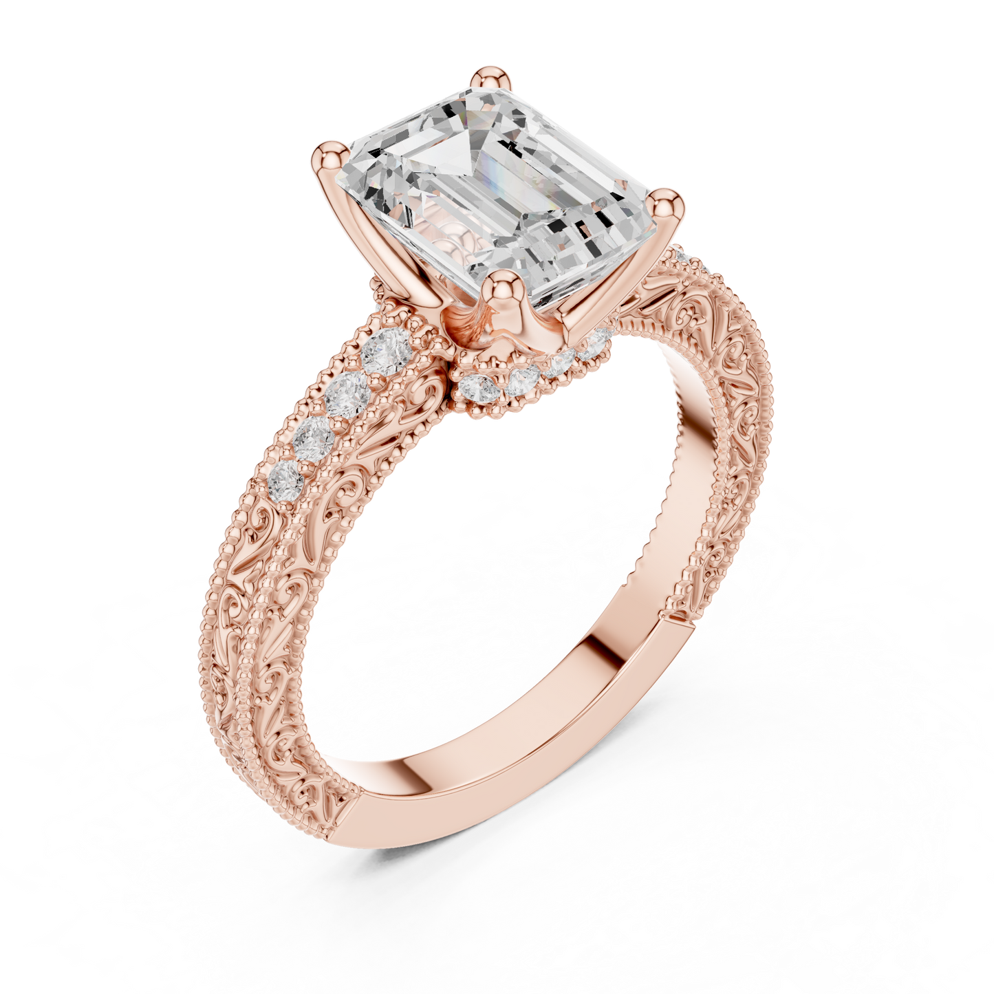 2.21ctw Vintage Emerald Cut Ring with Milgrain Filigree Hidden Halo | Yellow Gold