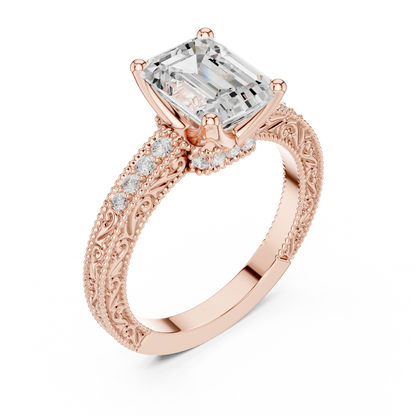 2.21ctw Vintage Emerald Cut Ring with Milgrain Filigree Hidden Halo | Yellow Gold