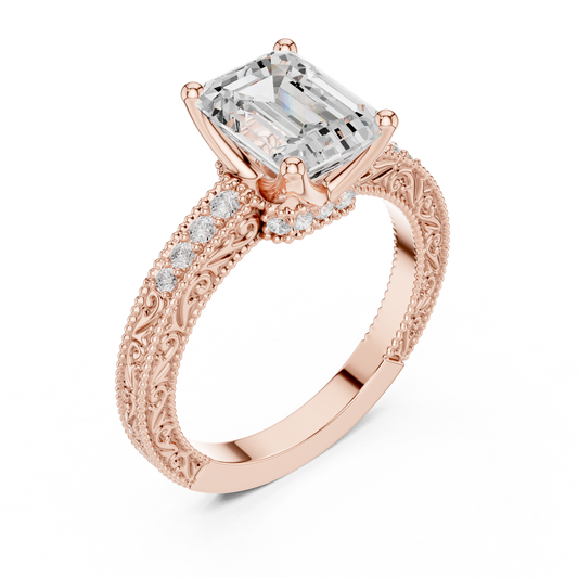 2.21ctw Vintage Emerald Cut Ring with Milgrain Filigree Hidden Halo | Yellow Gold