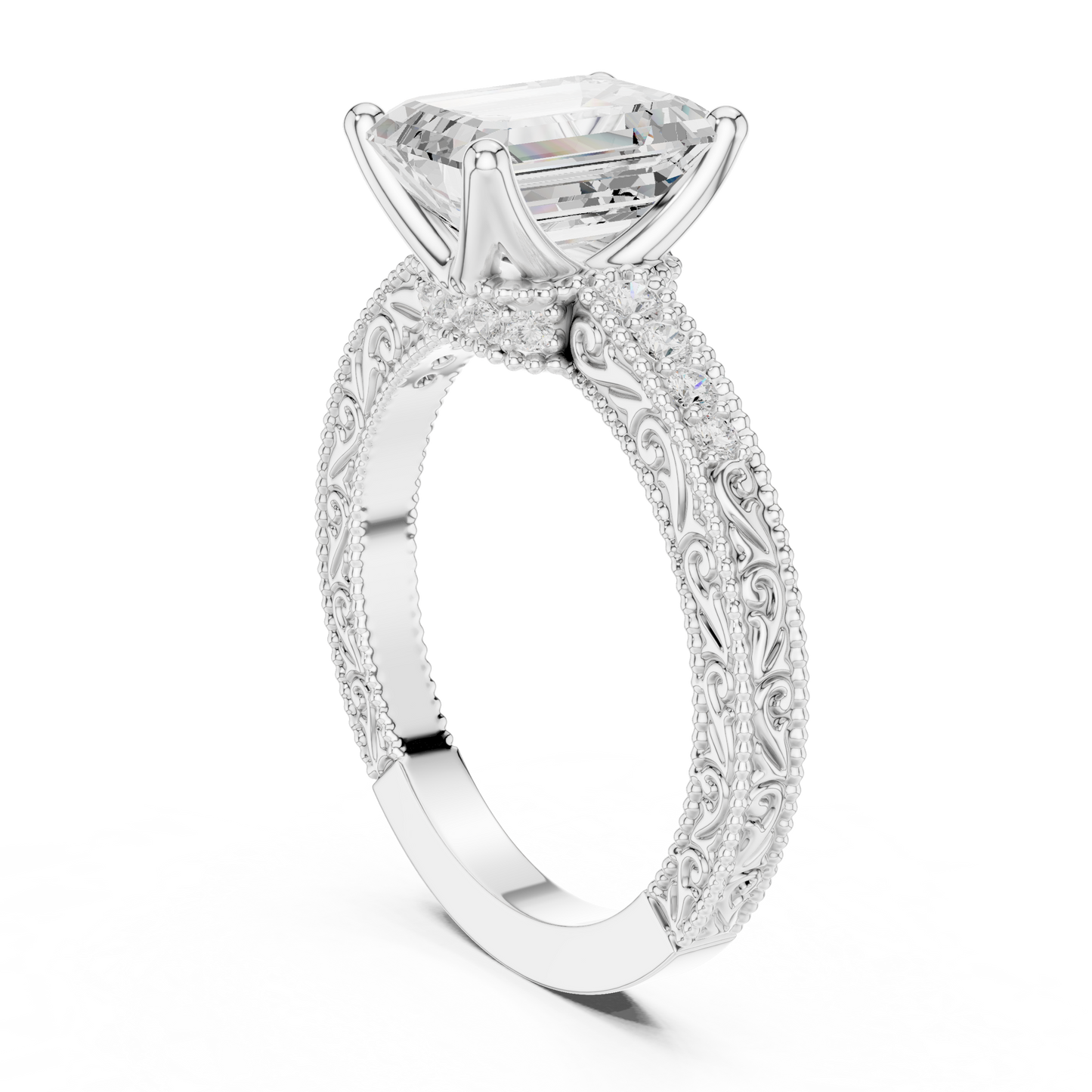 2.21ctw Vintage Emerald Cut Ring with Milgrain Filigree Hidden Halo | Yellow Gold