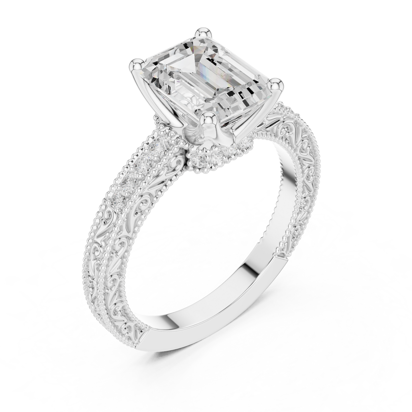 2.21ctw Vintage Emerald Cut Ring with Milgrain Filigree Hidden Halo | Yellow Gold