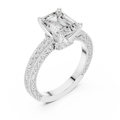 2.21ctw Vintage Emerald Cut Ring with Milgrain Filigree Hidden Halo | Yellow Gold