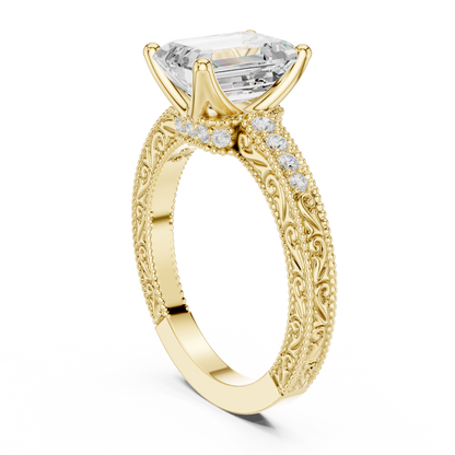 2.21ctw Vintage Emerald Cut Ring with Milgrain Filigree Hidden Halo | Yellow Gold