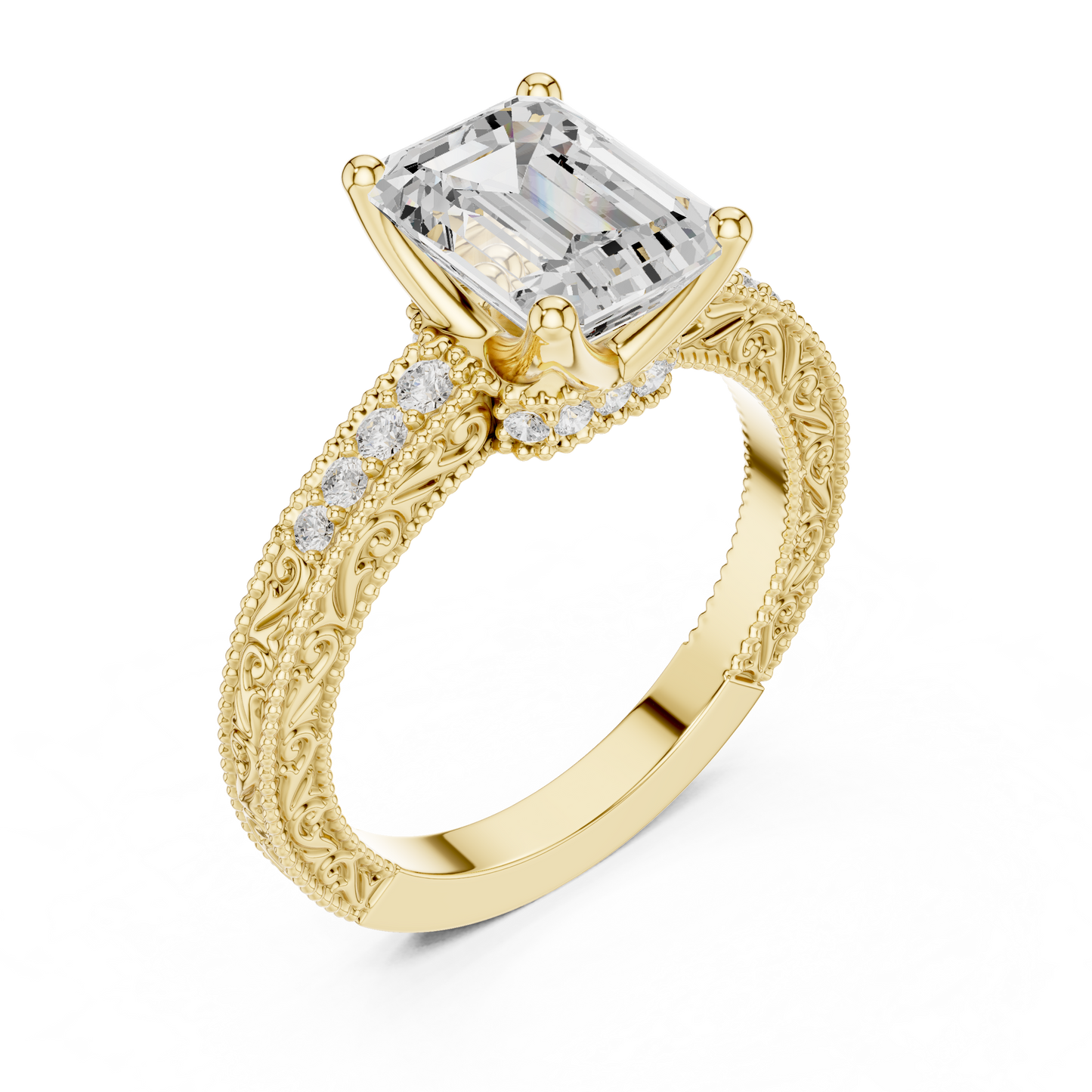 2.21ctw Vintage Emerald Cut Ring with Milgrain Filigree Hidden Halo | Yellow Gold