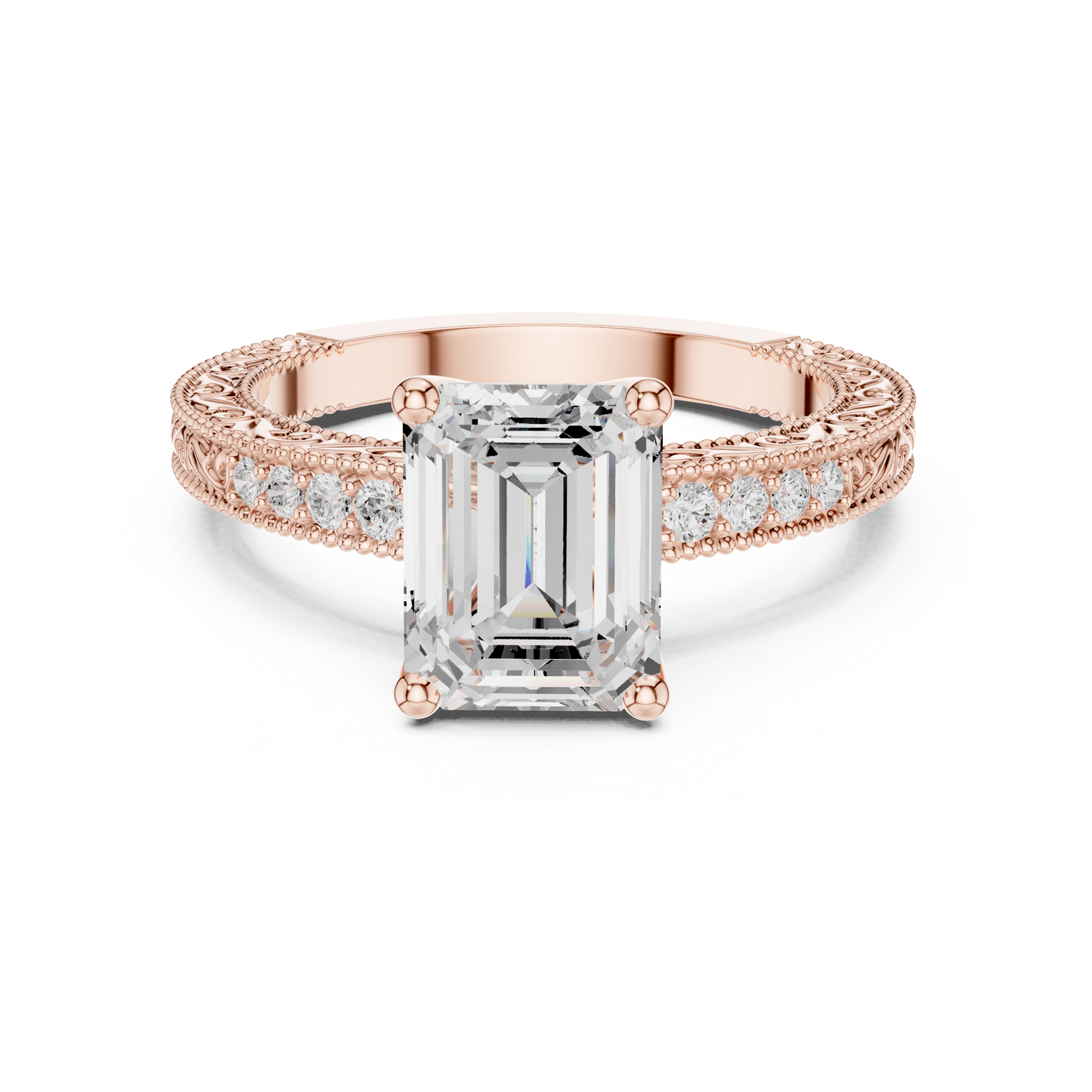 2.21ctw Vintage Emerald Cut Ring with Milgrain Filigree Hidden Halo | Yellow Gold
