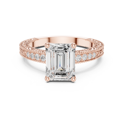 2.21ctw Vintage Emerald Cut Ring with Milgrain Filigree Hidden Halo | Yellow Gold