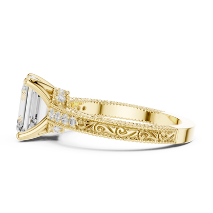 2.21ctw Vintage Emerald Cut Ring with Milgrain Filigree Hidden Halo | Yellow Gold