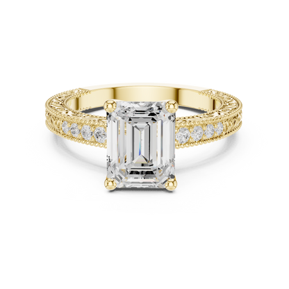 2.21ctw Vintage Emerald Cut Ring with Milgrain Filigree Hidden Halo | Yellow Gold