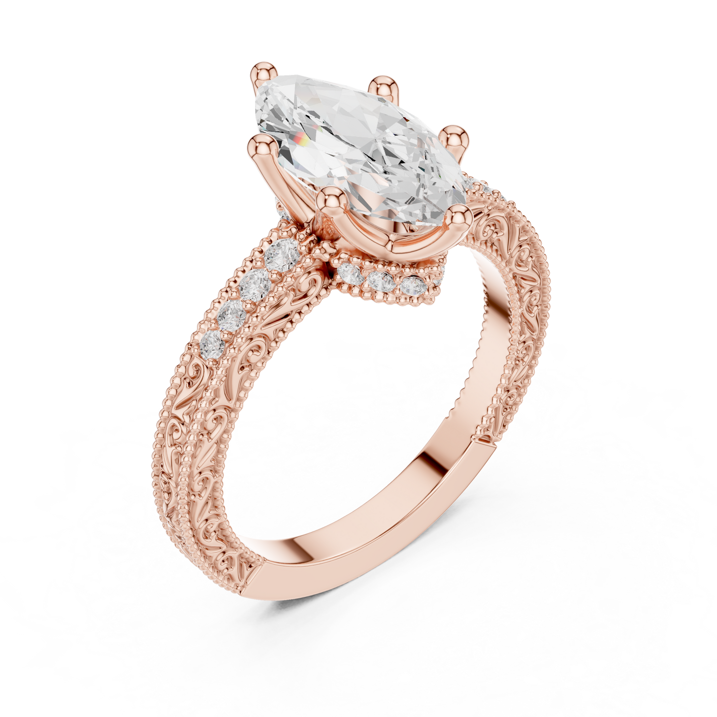 2.22ctw Vintage Marquise Cut Ring with Milgrain Filigree Hidden Halo | Yellow Gold