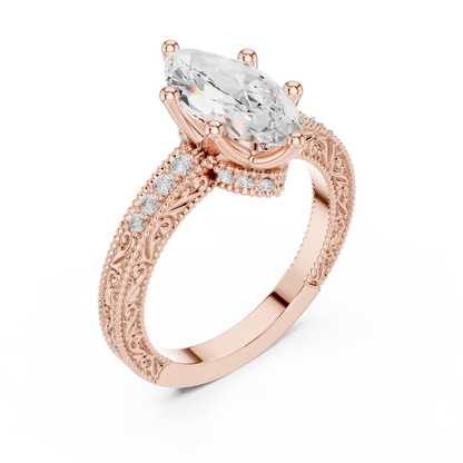 2.22ctw Vintage Marquise Cut Ring with Milgrain Filigree Hidden Halo | Yellow Gold