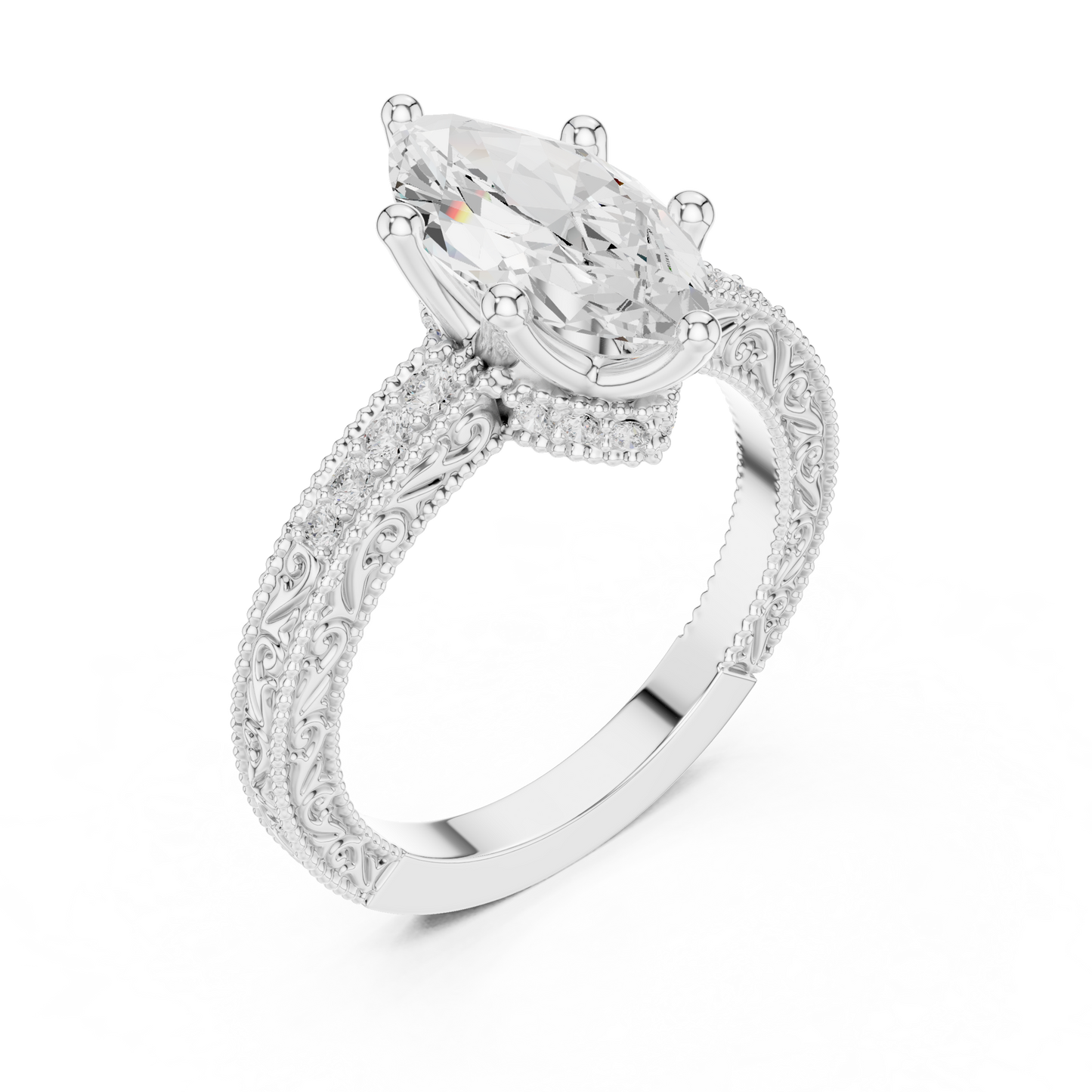 2.22ctw Vintage Marquise Cut Ring with Milgrain Filigree Hidden Halo | Yellow Gold