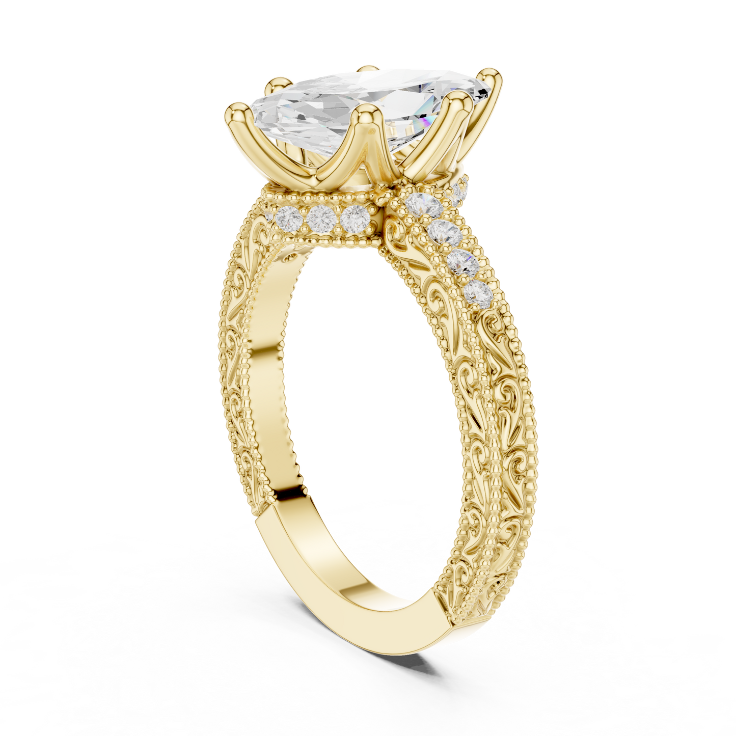 2.22ctw Vintage Marquise Cut Ring with Milgrain Filigree Hidden Halo | Yellow Gold
