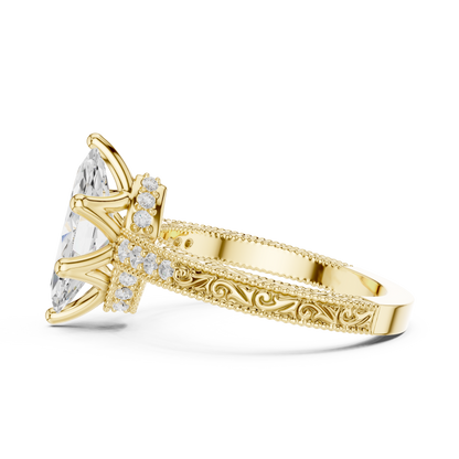 2.22ctw Vintage Marquise Cut Ring with Milgrain Filigree Hidden Halo | Yellow Gold