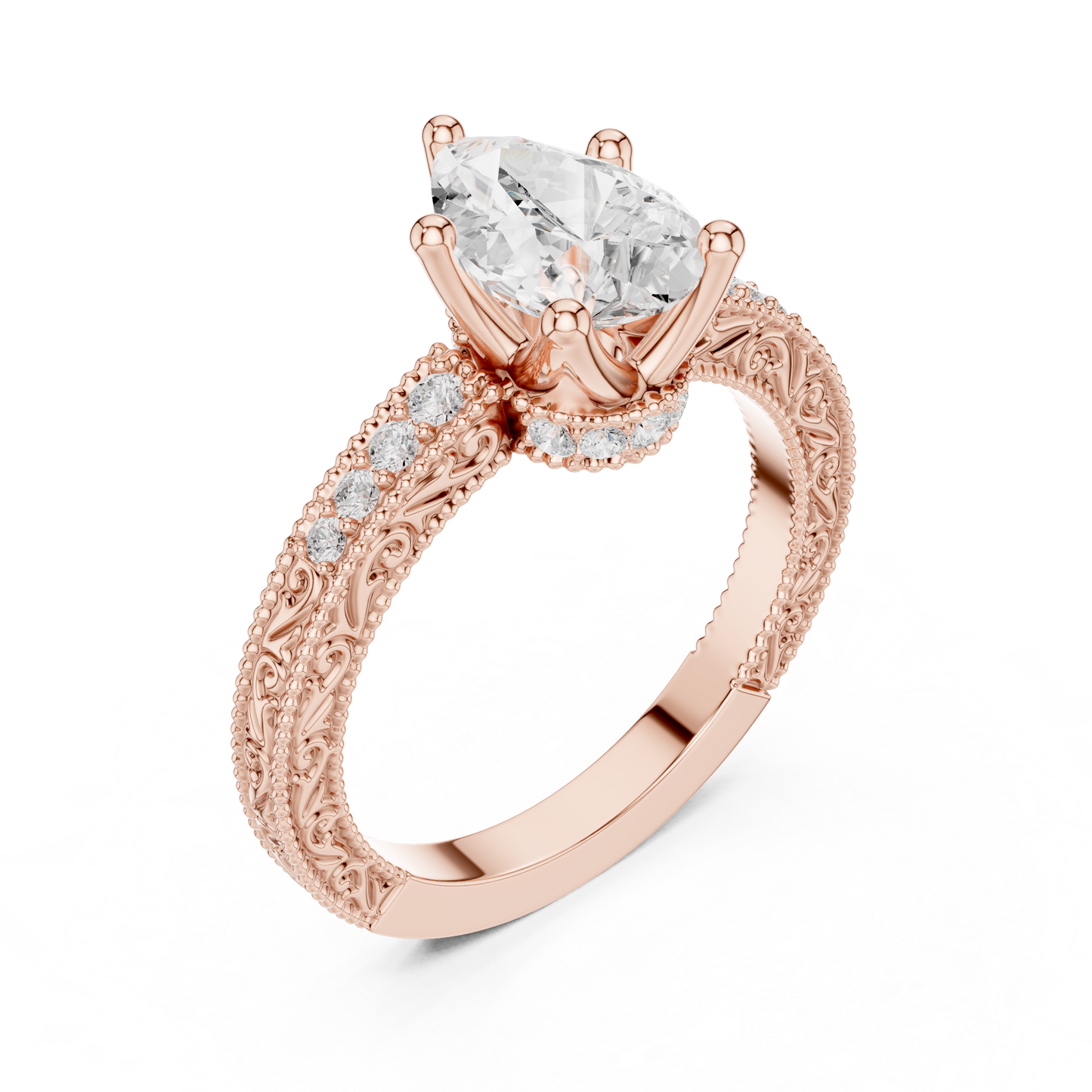 2.19ctw Vintage Pear Cut Ring with Milgrain Filigree Hidden Halo | Yellow Gold