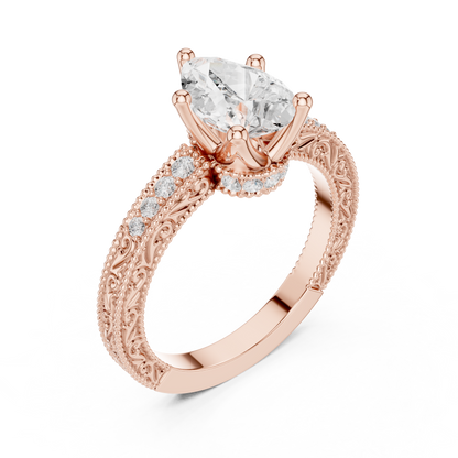 2.19ctw Vintage Pear Cut Ring with Milgrain Filigree Hidden Halo | Yellow Gold