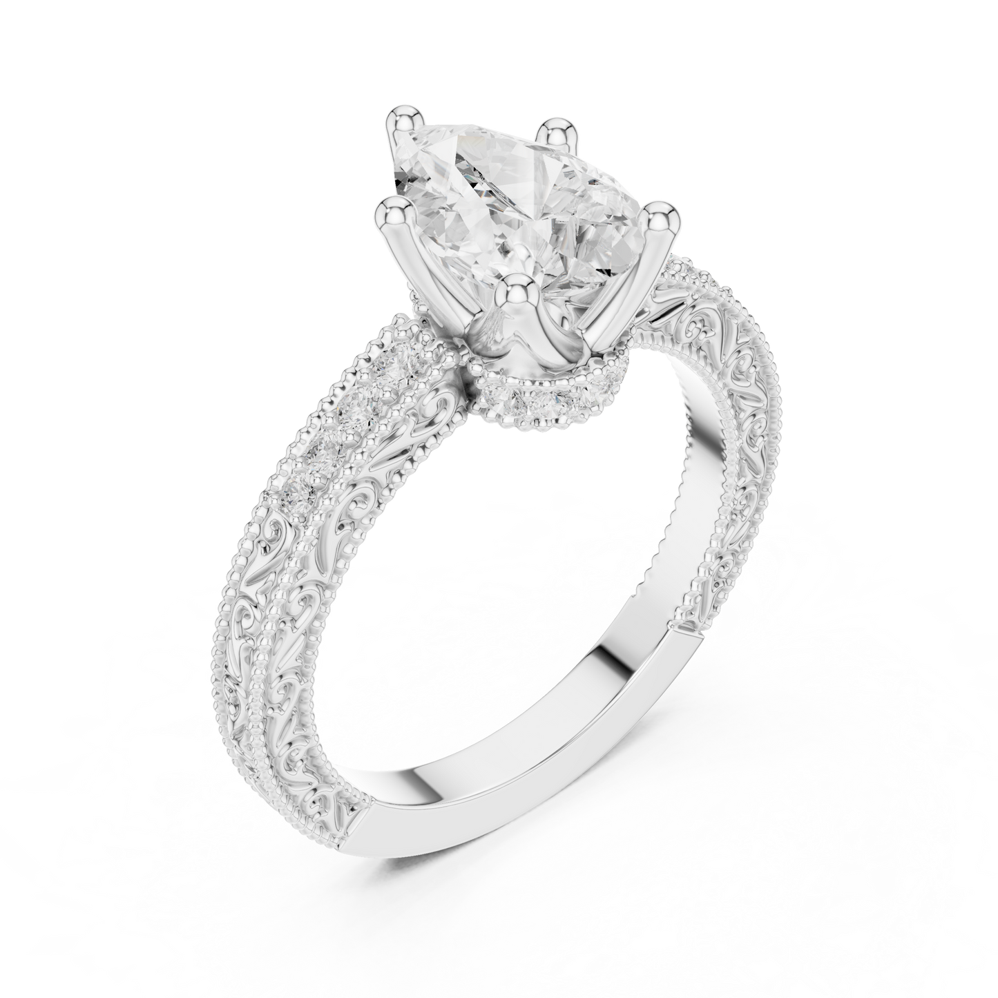 2.19ctw Vintage Pear Cut Ring with Milgrain Filigree Hidden Halo | Yellow Gold