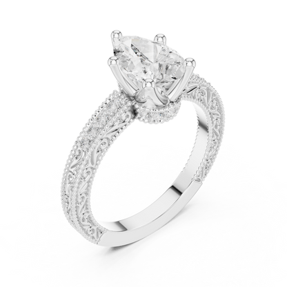 2.19ctw Vintage Pear Cut Ring with Milgrain Filigree Hidden Halo | Yellow Gold