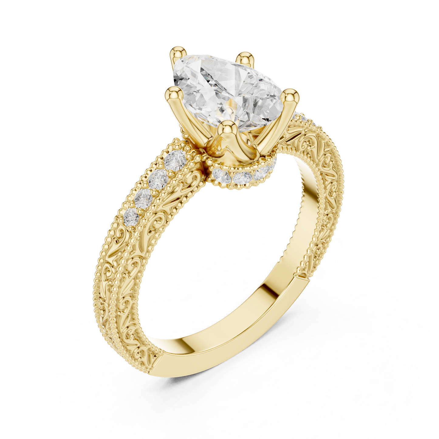 2.19ctw Vintage Pear Cut Ring with Milgrain Filigree Hidden Halo | Yellow Gold