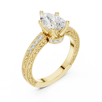 2.19ctw Vintage Pear Cut Ring with Milgrain Filigree Hidden Halo | Yellow Gold