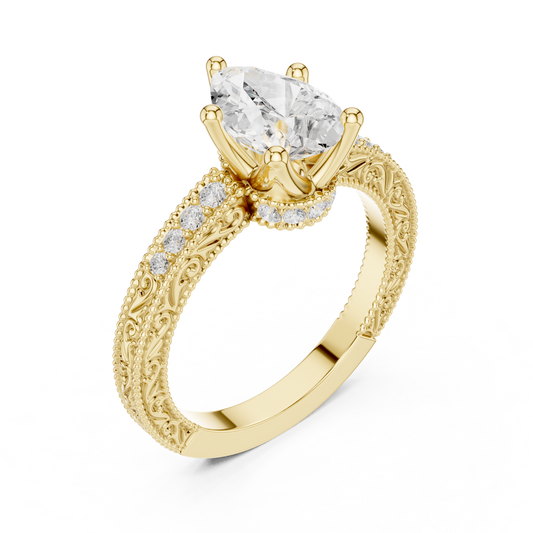 2.19ctw Vintage Pear Cut Ring with Milgrain Filigree Hidden Halo | Yellow Gold