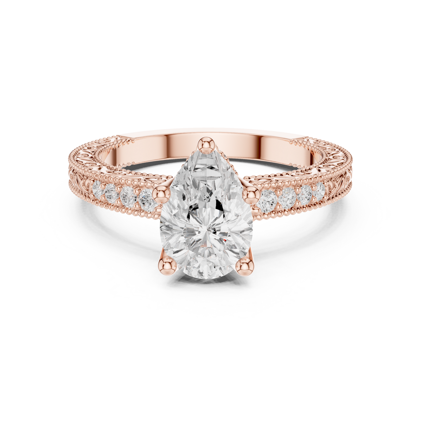 2.19ctw Vintage Pear Cut Ring with Milgrain Filigree Hidden Halo | Yellow Gold